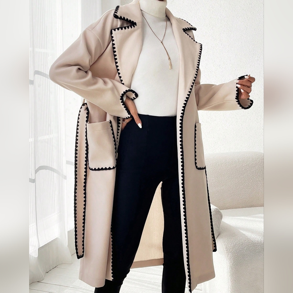 Colorblock Edging Belted Woolen Coat With Double Pockets - Picture 6 of 6